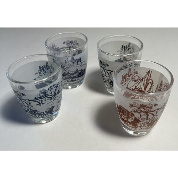 Shot Glasses 4 Vintage Scene 1 Red 3 Black on Clear Glass Horse Carriage Harbor - Picture 1 of 7